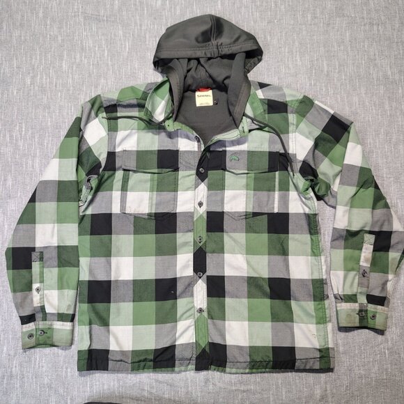 Simms Mens Cold Weather Hoody Size Large Green Gray Plaid Button Down Fishing - Picture 1 of 16